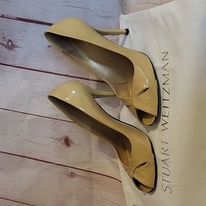 Stuart Weitzman Tan Patent Leather Peep Toe Stiletto Heel Pumps 6